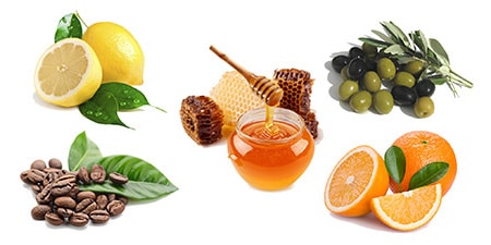 оливки, кофе, апельсин, лимон и мед
